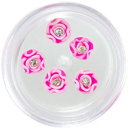 Körömdíszek - akryl virágocskák, élénk rózsaszínes fehér, kövecskével
