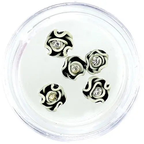 Nail art dekoráció - akryl virágocskák, fekete-fehér, kövecskével