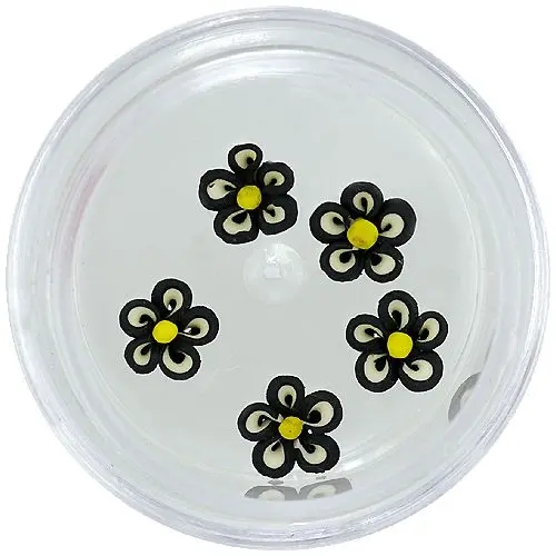Körömdíszek - akryl virágocskák, fekete-fehér, sárga közepű